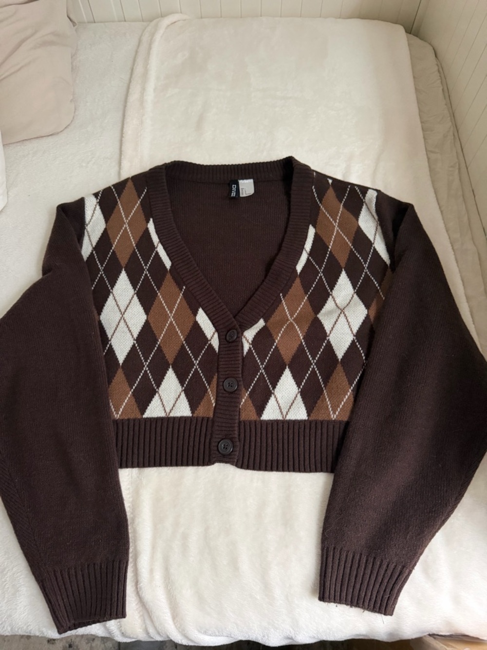 Divided Brown Cropped Argyle V-Neck Cardigan